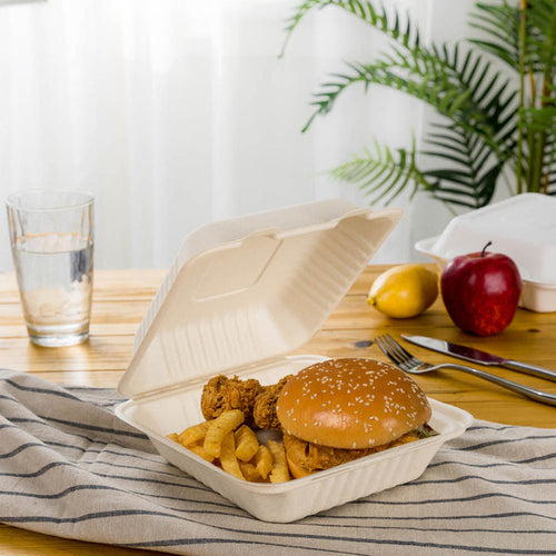 10 inch Natural Compostable & Disposable Sugarcane Sectional Clamshell Containers, 300 Pack