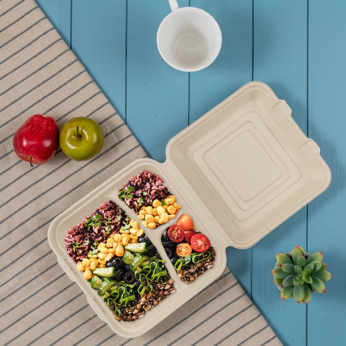 10 inch Natural Compostable & Disposable Sugarcane Sectional Clamshell Containers, 300 Pack