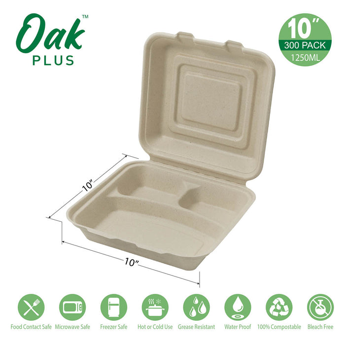 10 inch Natural Compostable & Disposable Sugarcane Sectional Clamshell Containers, 300 Pack