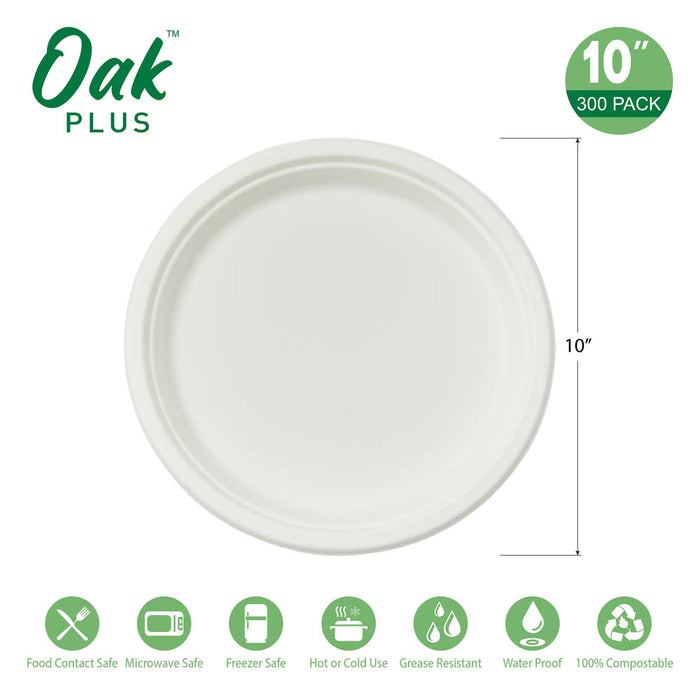 10 inch White Compostable & Disposable Sugarcane Plates, 300 Pack