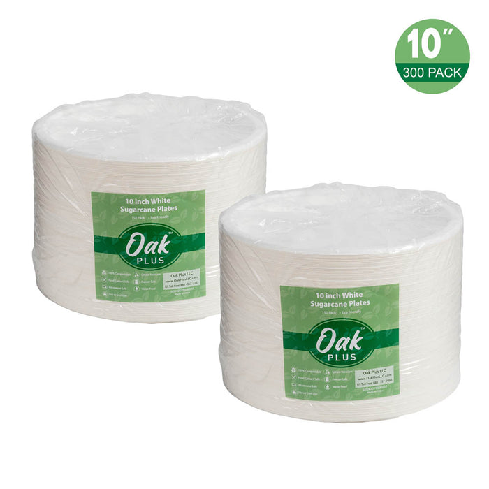 10 inch White Compostable & Disposable Sugarcane Plates, 300 Pack