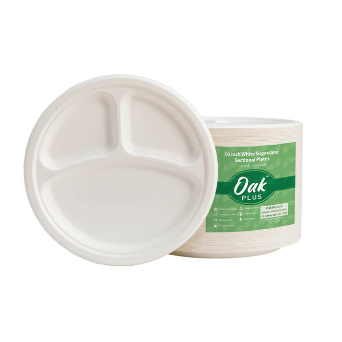 10 inch White Compostable & Disposable Sugarcane Sectional Plates, 300 Pack