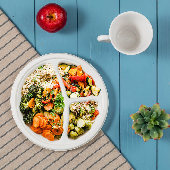 10 inch White Compostable & Disposable Sugarcane Sectional Plates, 300 Pack