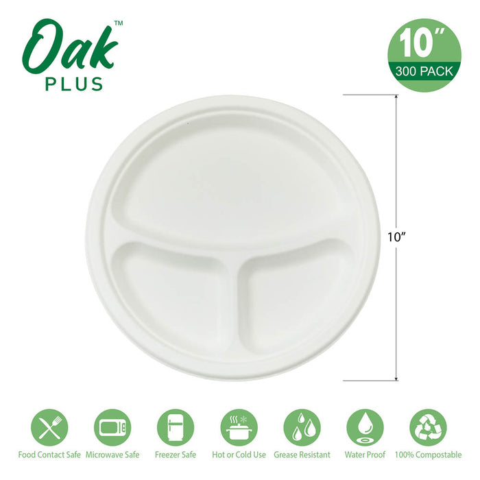 10 inch White Compostable & Disposable Sugarcane Sectional Plates, 300 Pack