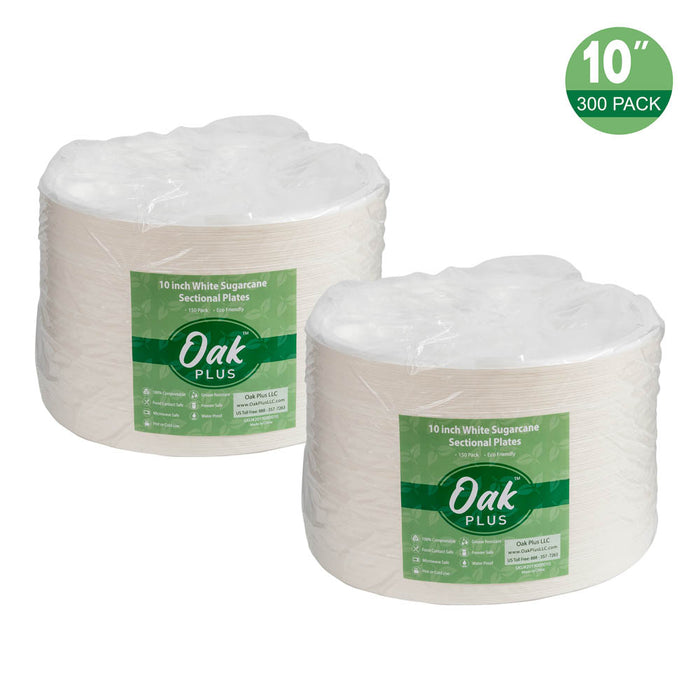 10 inch White Compostable & Disposable Sugarcane Sectional Plates, 300 Pack