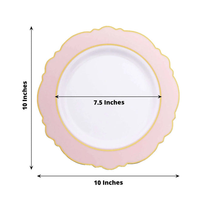 10-inch pink scalloped plate with gold trim, measuring 7.5 inches in diameter.