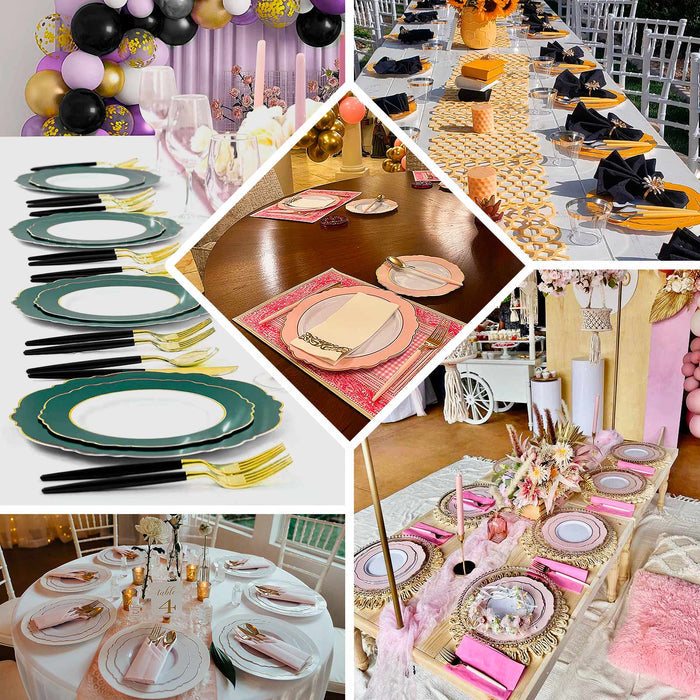 Elegant table settings with decorative plates and cutlery for special occasions.