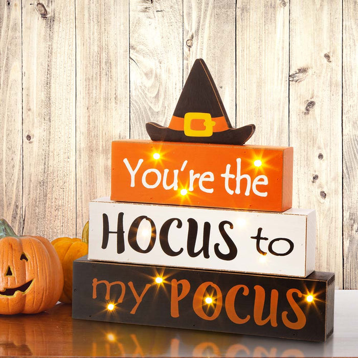 11.54"H Halloween Wooden Lighted Witch/Word Block Table Decor