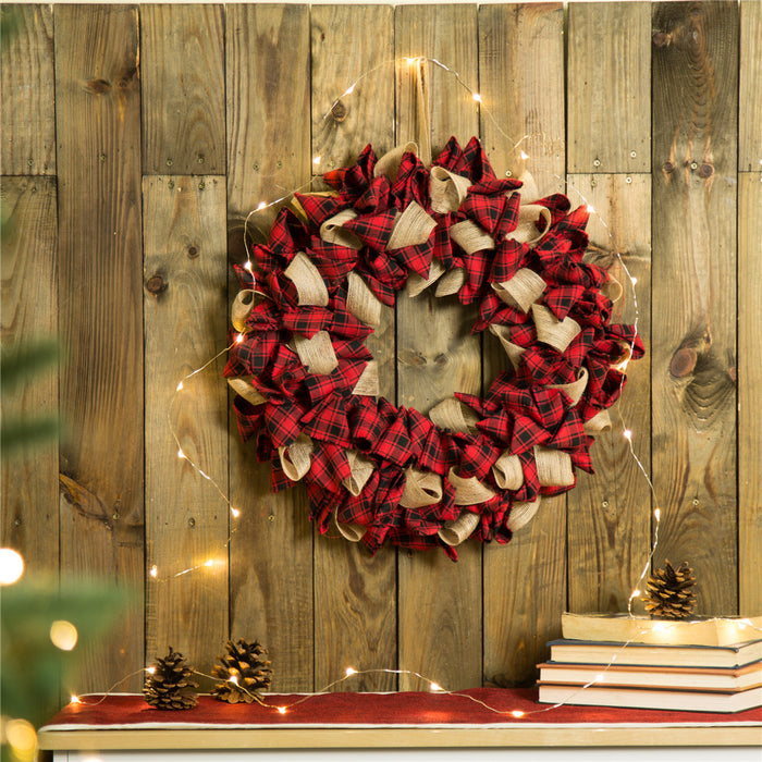 18.9"D Plaid Fabric Wreath Holiday Wall or Door Decor