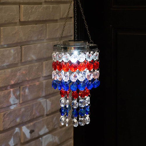 19"H Solar Lighted Hanging Décor with Red, White, Blue Acrylic Jewel Beads