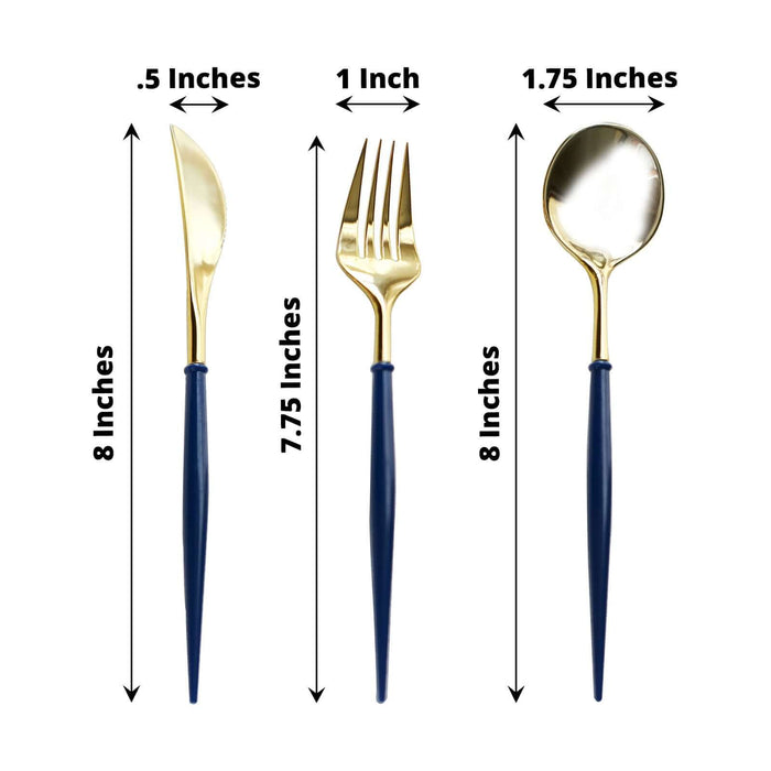 Gold cutlery set with navy handles, including knife, fork, and spoon, measuring 8 inches each.