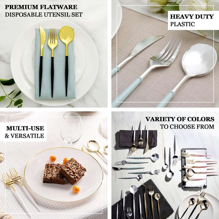 Premium disposable flatware set in various colors, ideal for multi-use events.
