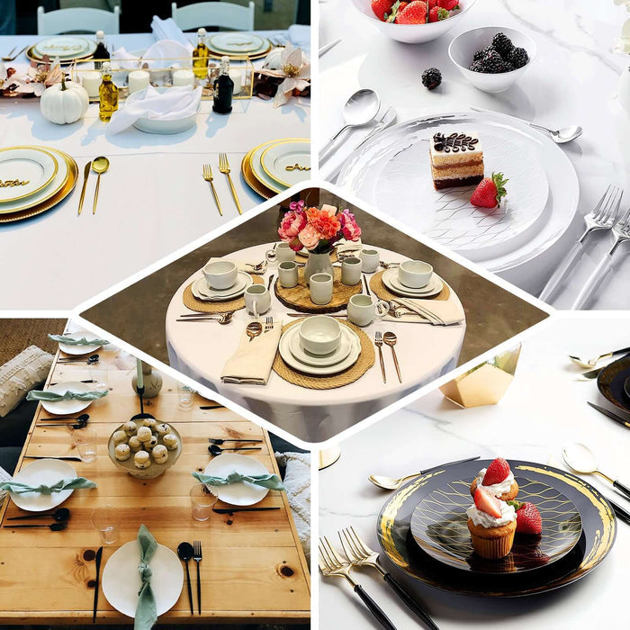 Elegant dining table settings with various tableware and decor.