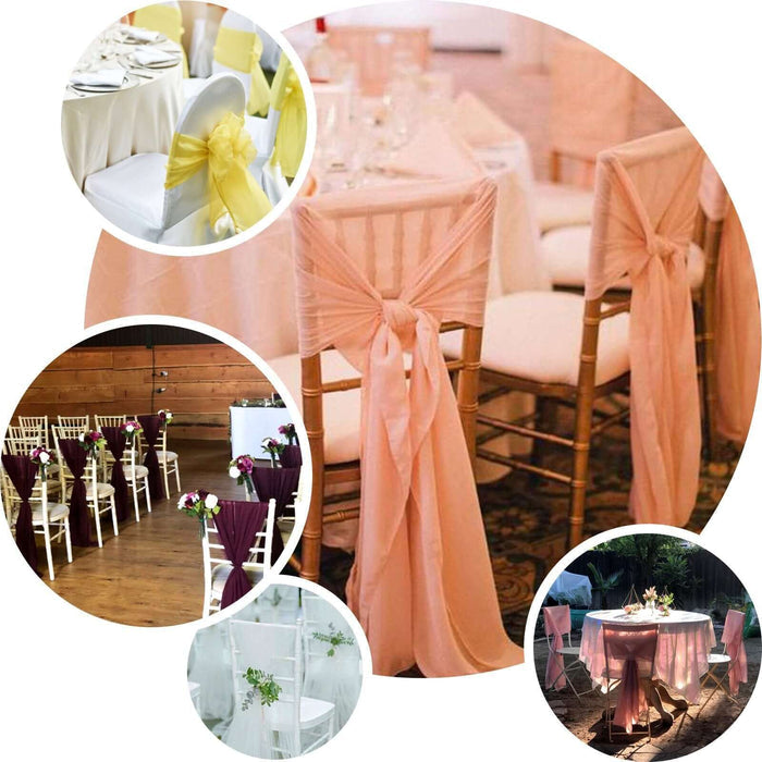 Elegant chair sashes in pink, yellow, and burgundy for wedding decor.