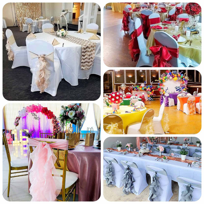 Colorful table settings with decorative chair sashes for events and celebrations.