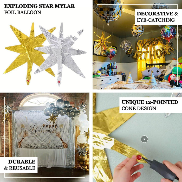 Exploding star mylar foil balloon in gold and silver, decorative and unique design.