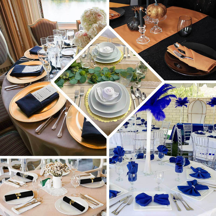 Elegant table settings featuring various color schemes and floral décor.