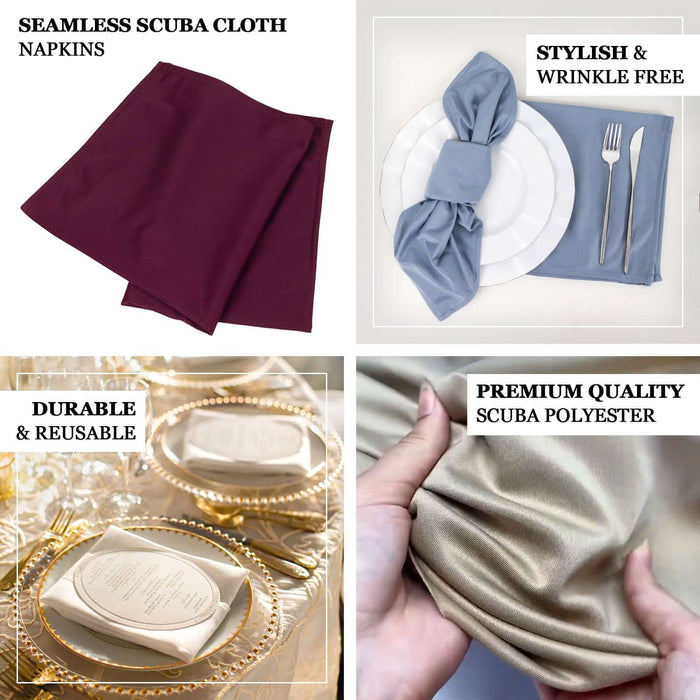 Seamless scuba cloth napkins in various colors for stylish table settings.