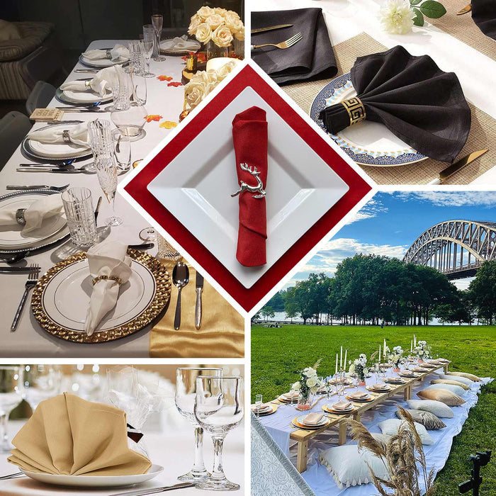 Elegant table settings with decorative napkin displays for various occasions.