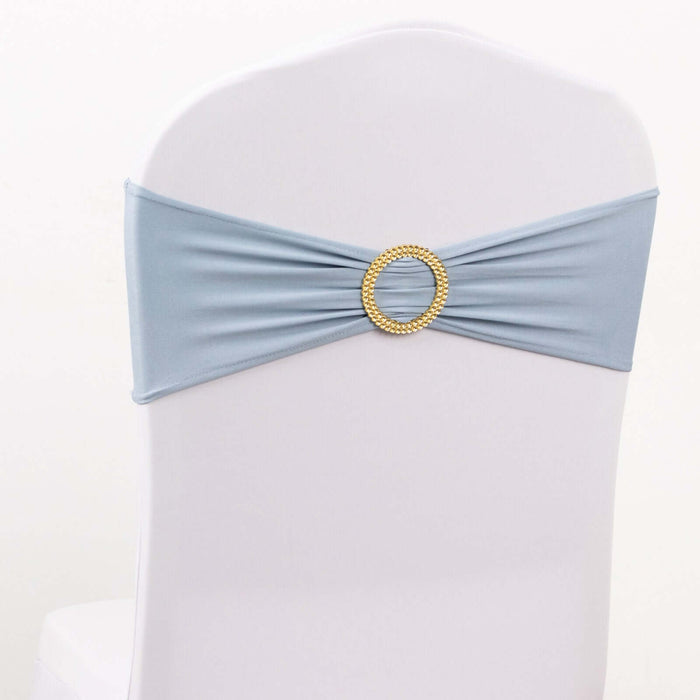Blue chair sash with gold embellishment on a white backdrop
