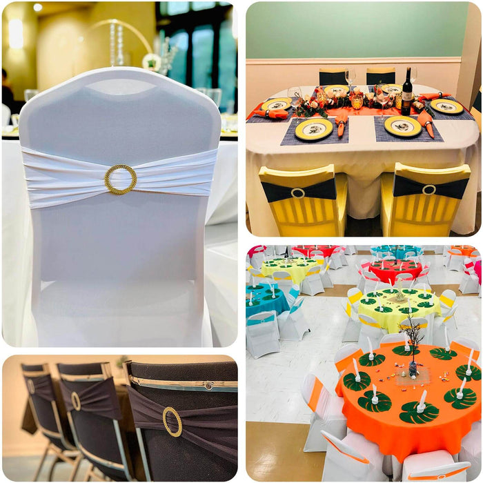 Elegant chair covers with decorative rings in a vibrant event setting.