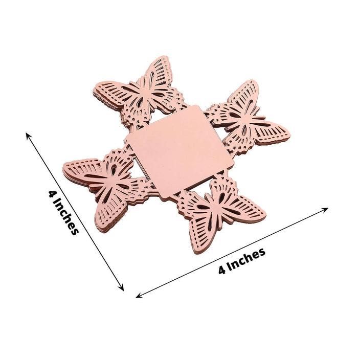 Pink butterfly-shaped coaster, 4 inches square, on a white background.