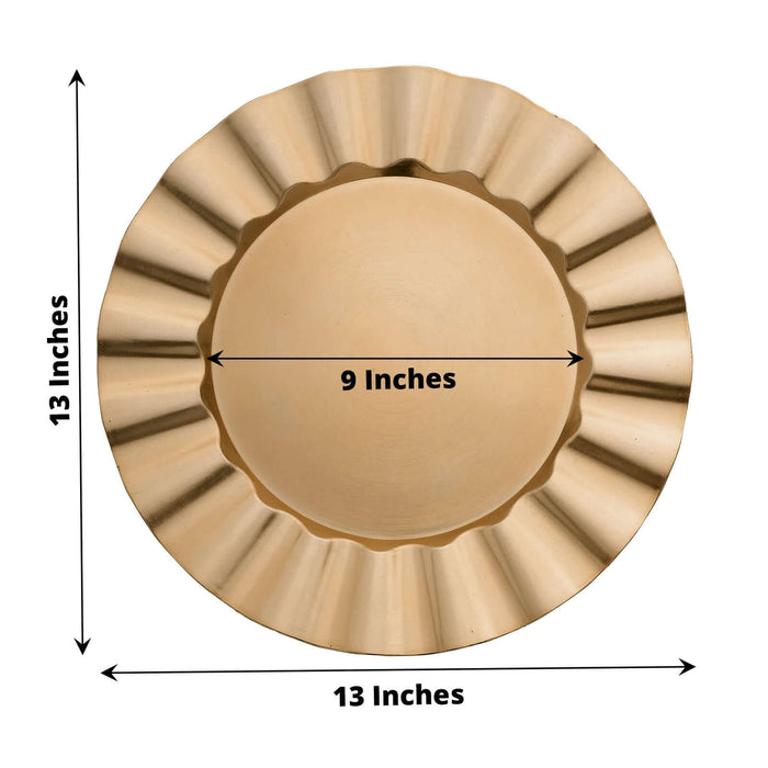 Gold decorative plate with fluted edges, 13 inches in diameter.