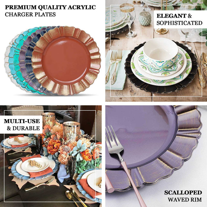 Premium quality acrylic charger plates in various colors and designs for elegant dining.