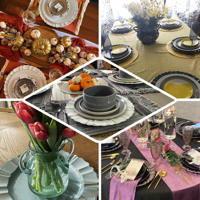Elegant dining table settings with seasonal decor and floral arrangements.