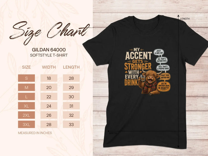 Gildan 64000 Softstyle t-shirt size chart and graphic with highland cow.