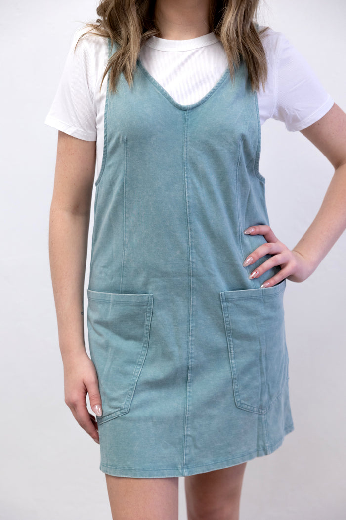 Acid Wash Adjustable Overall Mini Dress Ash Blue