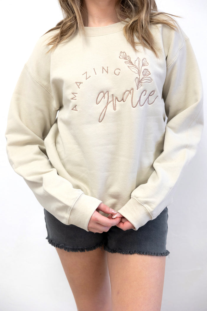 Amazing Grace Embroidered Sweatshirt Ivory