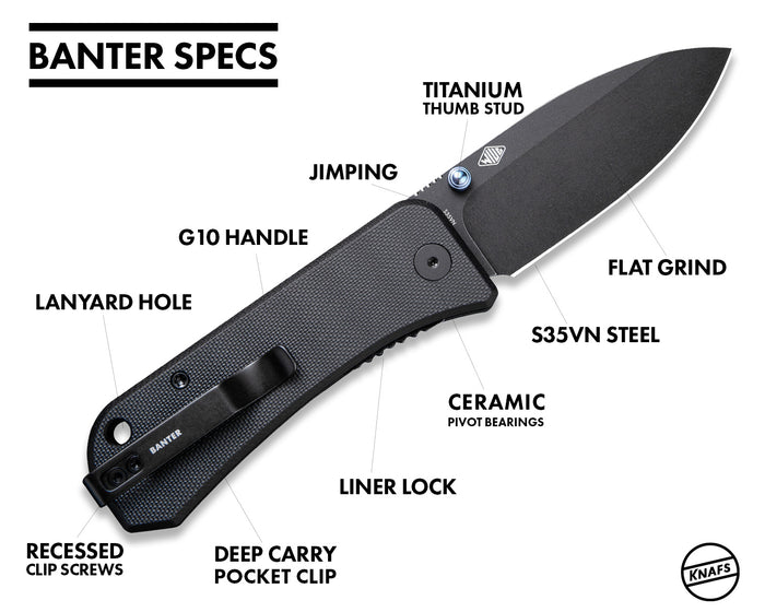 Banter Pocket Knife in Ben Blue infographic listing specs: titanium handle, S35VN steel, flat grind, and more