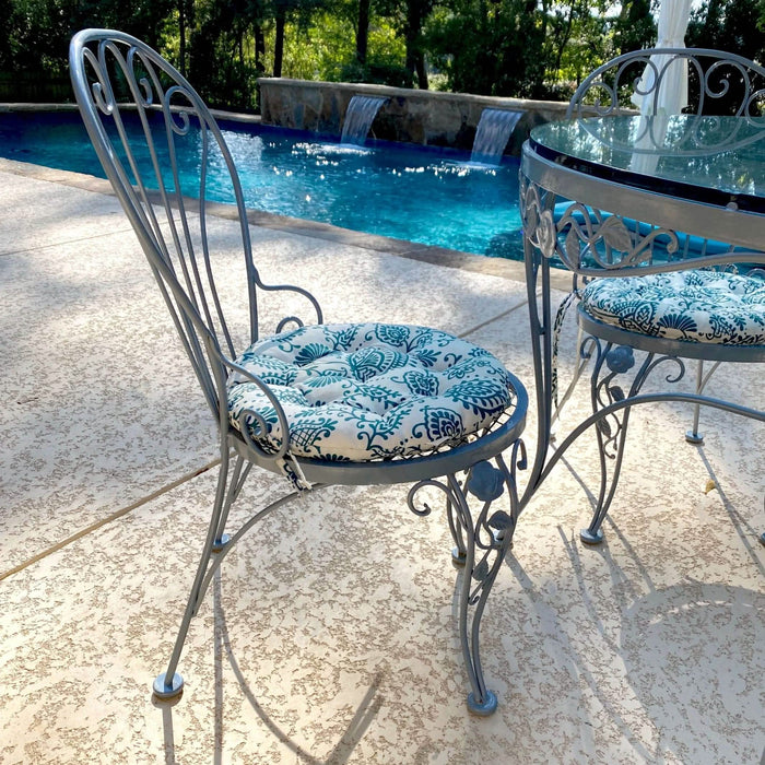 Sylvan Teal Bistro Chair Pad - 16" Round Cushion with Ties -Barnett Home Decor - Indoor/Outdoor