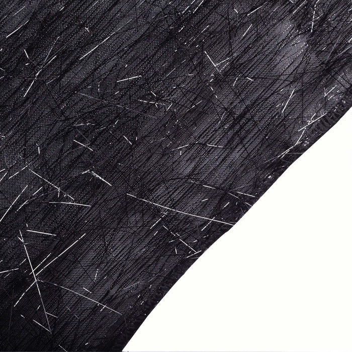 Black fabric with white thread detail on a plain background.