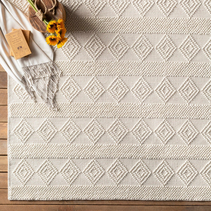 Bohemian Hand Woven Beige Geometrical Textured Wool Area Rug - The Rug Decor