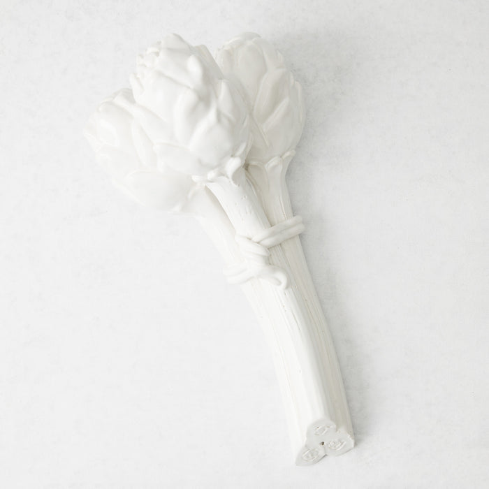 Handmade white ceramic Roman artichoke bunch with detailed stems, 12 inches long, on a white background.