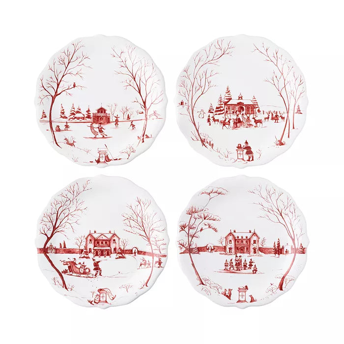 Juliska Country Estate Winter Frolic "Mr. & Mrs. Claus" Ruby Party Plates, Set/4 - La Petite Maison