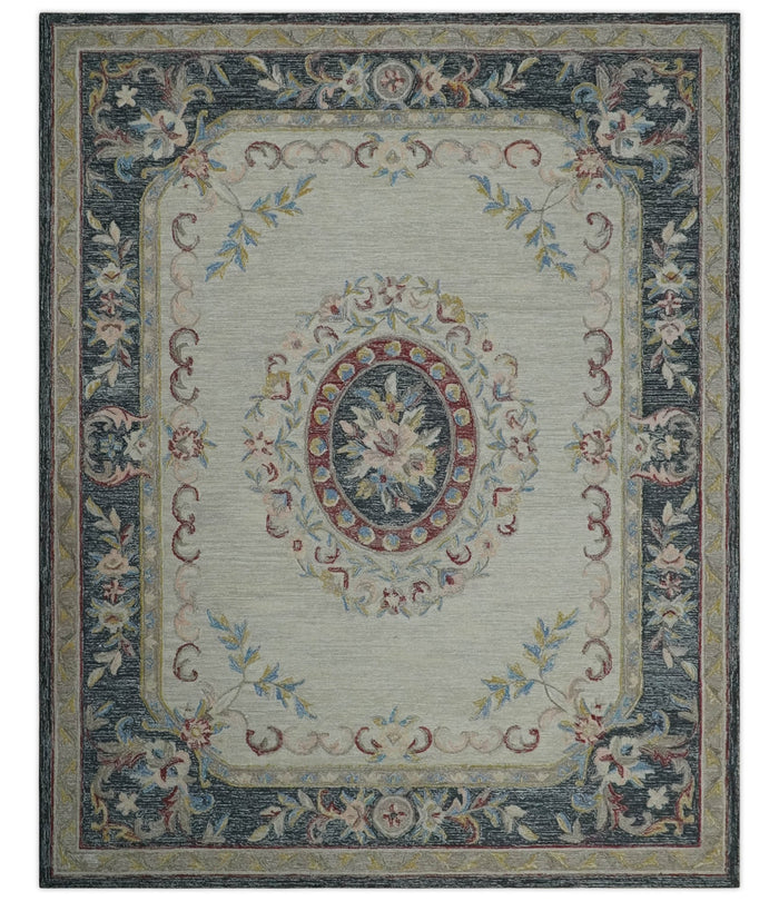 Custom Made Beige and Charcoal Aubusson French design Hand Tufted wool Area Rug - The Rug Decor