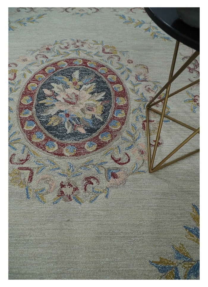 Custom Made Beige and Charcoal Aubusson French design Hand Tufted wool Area Rug - The Rug Decor
