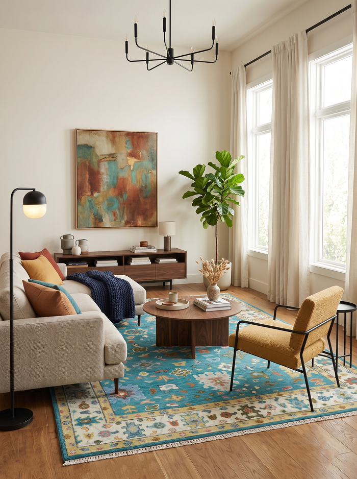 Teal and ivory traditional Oushak wool area rug with decorative central motifs and border