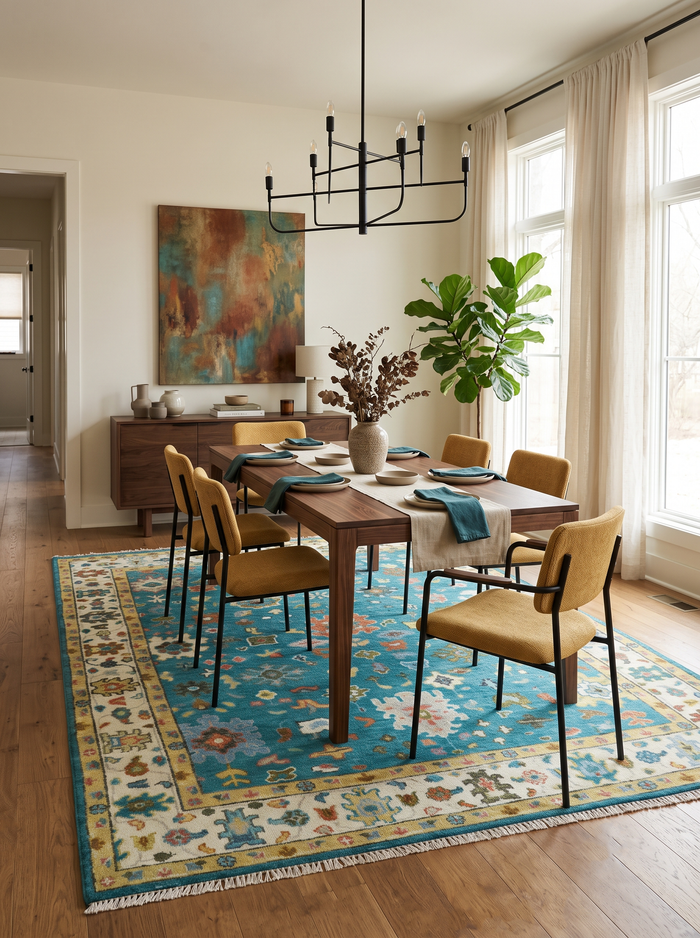 Rectangular teal and ivory Oushak wool area rug with floral ornamental border and field motifs