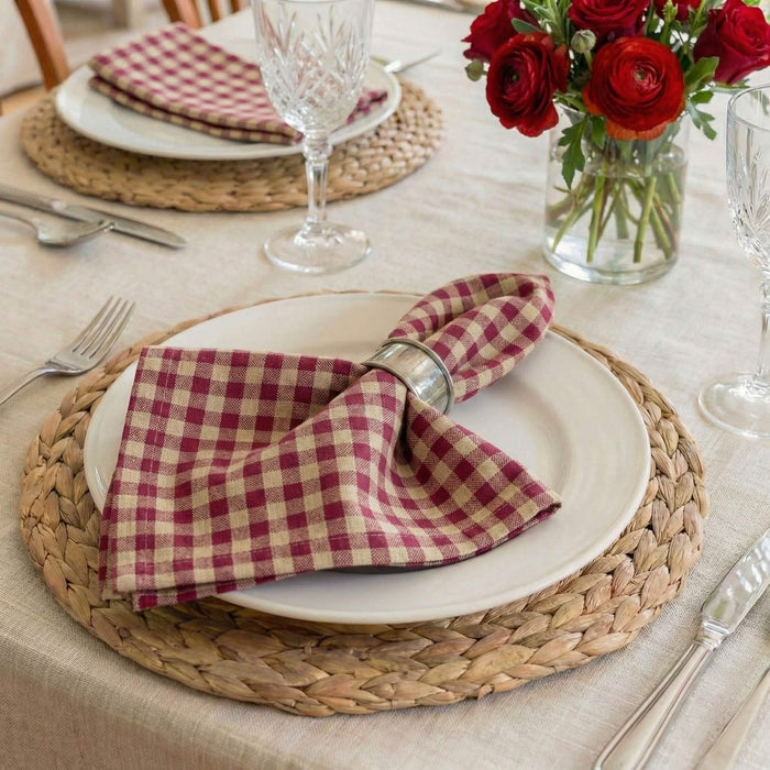 Farmhouse Check Dark Red and Tan Cloth Napkins - Set of 8