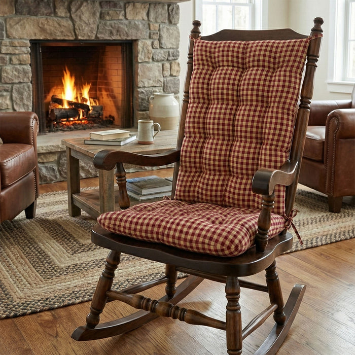 Farmhouse Check Dark Red & Tan Checkered Rocking Chair Cushions - Made in USA