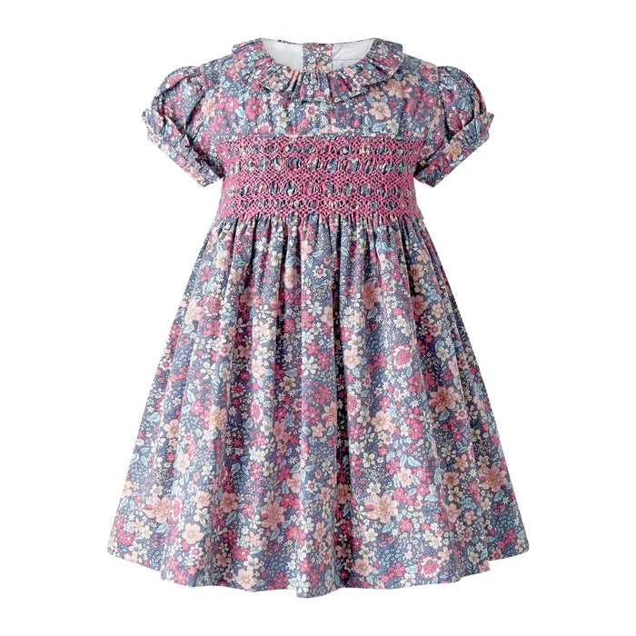 Rachel Riley Floral Short Sleeve Smocked Dress & Bloomers - Grey Pink