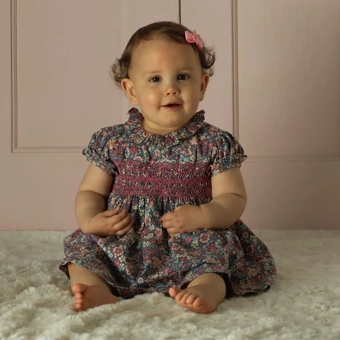Rachel Riley Floral Short Sleeve Smocked Dress & Bloomers - Grey Pink