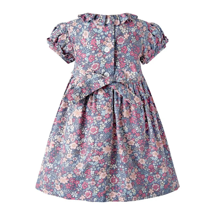 Rachel Riley Floral Short Sleeve Smocked Dress & Bloomers - Grey Pink