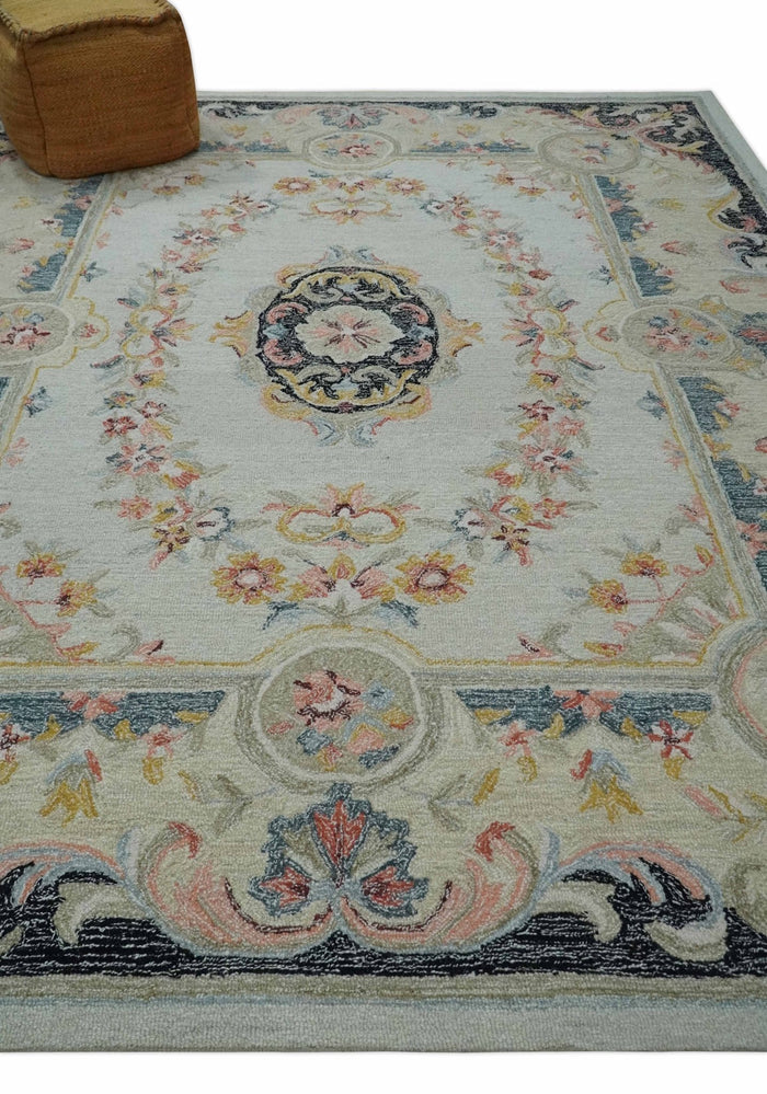 French Design Aubusson Custom Made Ivory, Light Green and Charcoal Hand Tufted wool Area Rug - The Rug Decor