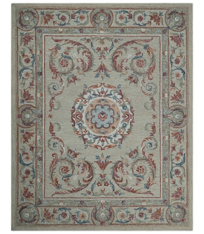 French Inspired Aubusson design Custom Made Beige, Brown and Blue Hand Tufted wool Area Rug - The Rug Decor