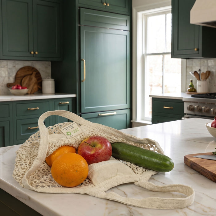 A cream-colored mesh and canvas reusable grocery bag filled with fruits and a cucumber sits on a marble kitchen counter in a green cabinetry kitchen.